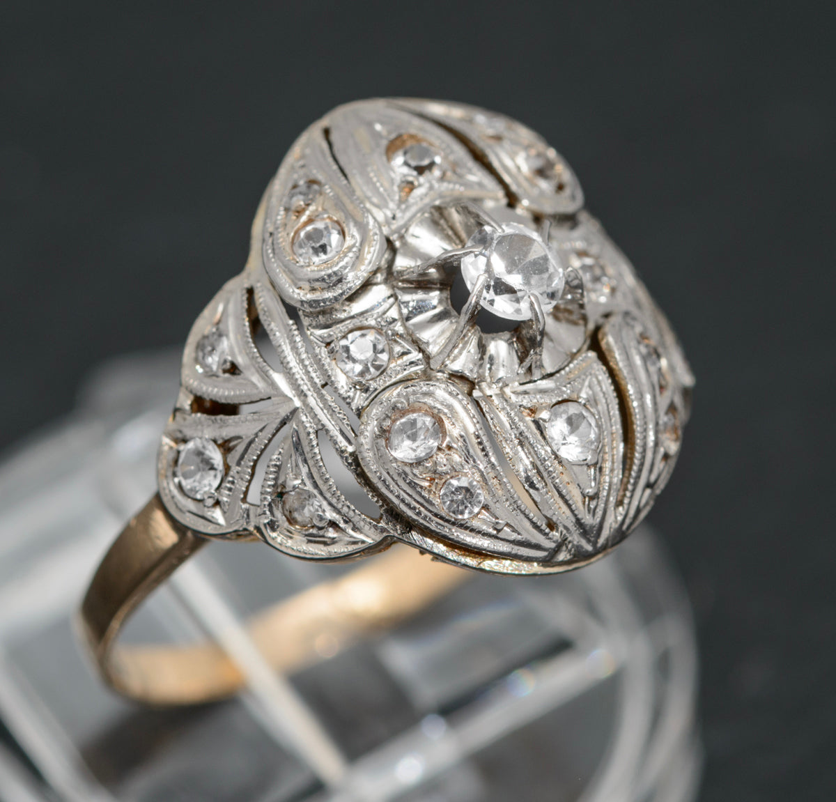 Art Deco 18ct Gold & Platinum French Cocktail Ring c.1920 Rock Crystal Gems (A1602)