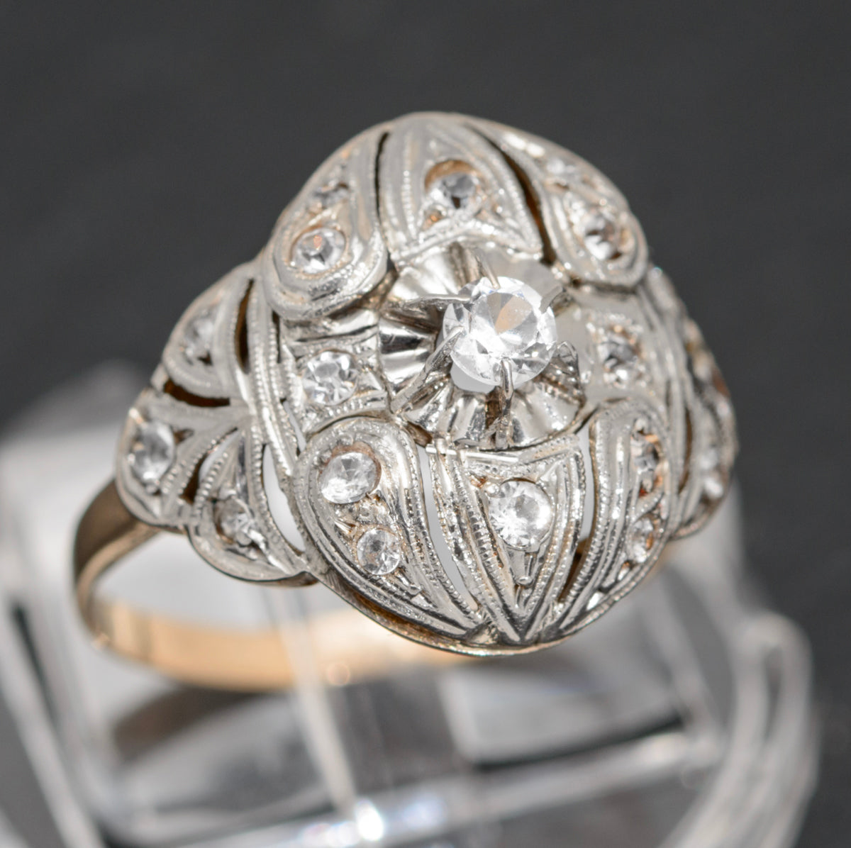 Art Deco 18ct Gold & Platinum French Cocktail Ring c.1920 Rock Crystal Gems (A1602)