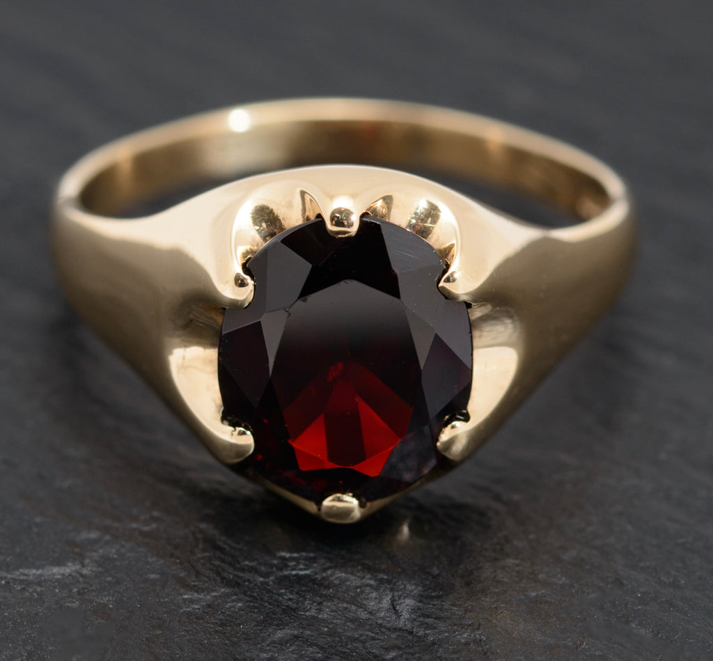 Vintage 9ct Gold & Garnet Gemstone Large Mens Signet Ring 1970's (A1605)