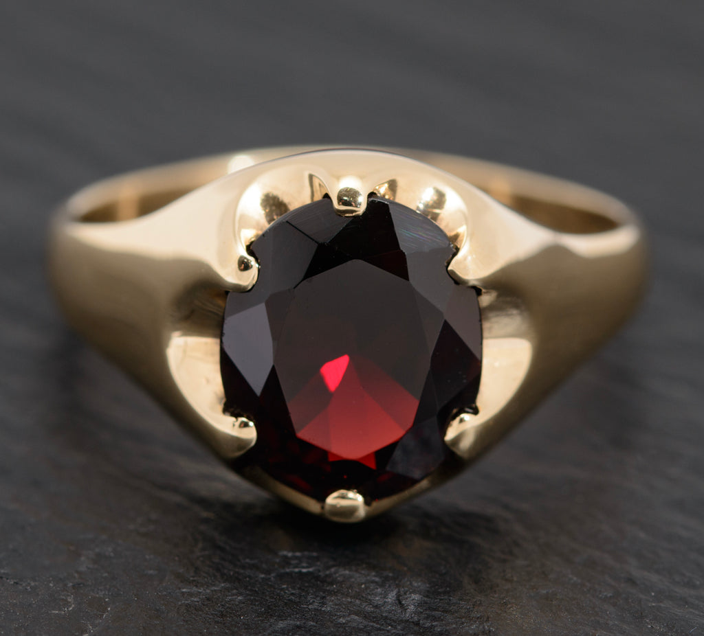 Vintage 9ct Gold & Garnet Gemstone Large Mens Signet Ring 1970's (A1605)