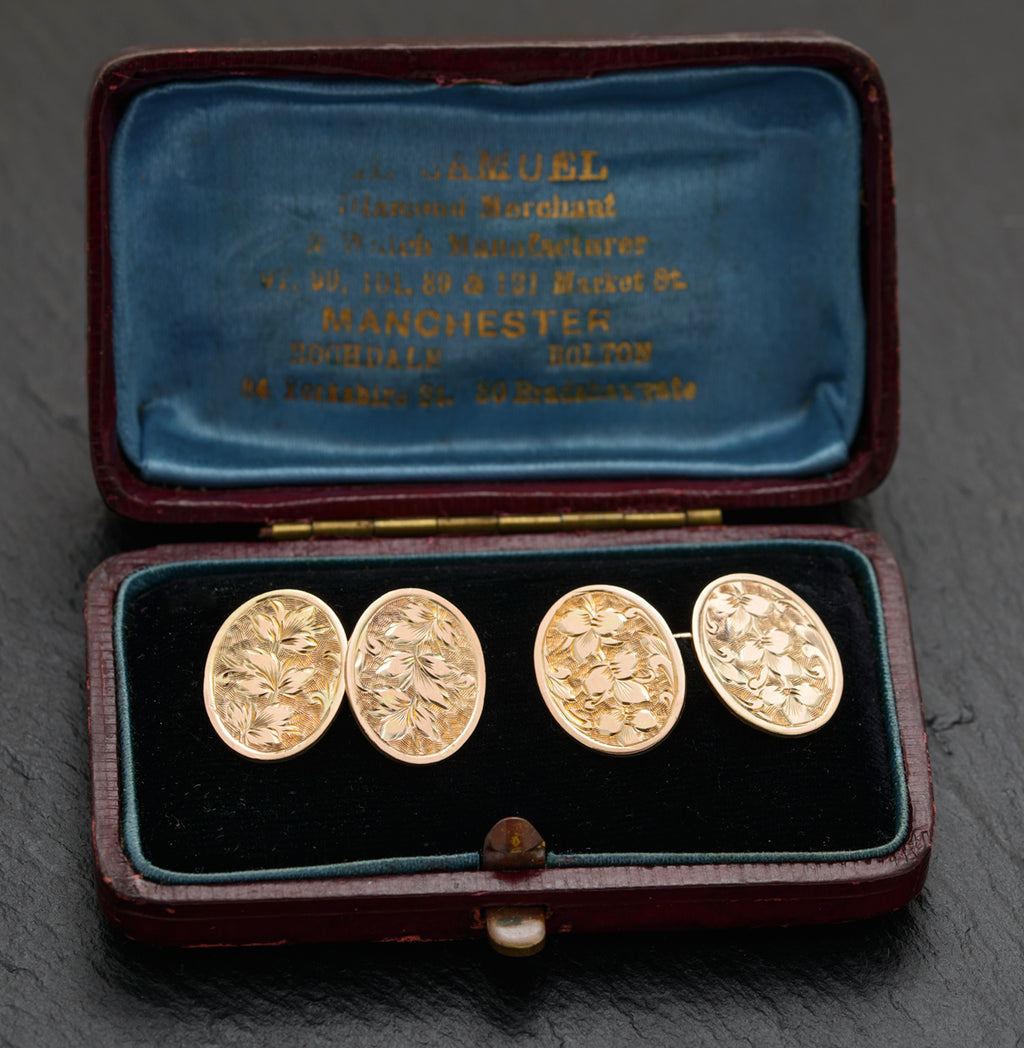 Pair Antique Victorian 9ct Gold Cufflinks Foliate Design Chester Hallmark (A1618)