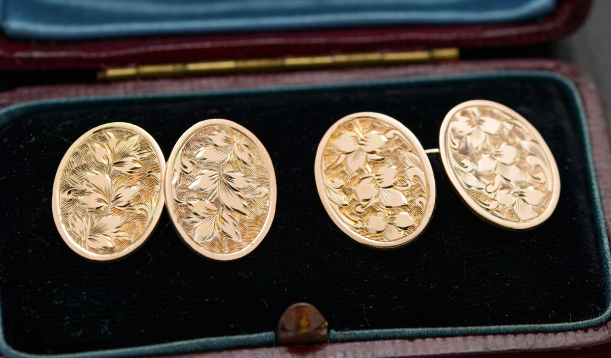 Pair Antique Victorian 9ct Gold Cufflinks Foliate Design Chester Hallmark (A1618)