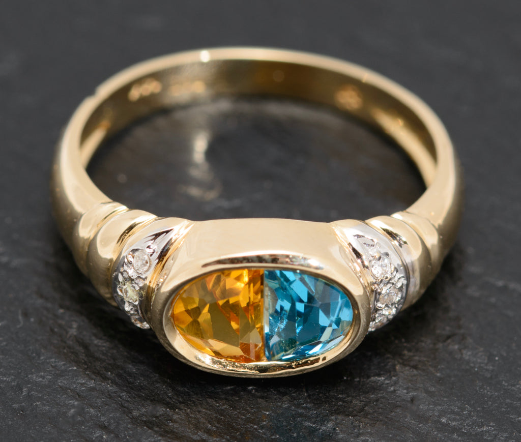 14k Gold Ladies Dress Ring With Blue Topaz & Citrine Gemstone Diamond Highlights (A1624)