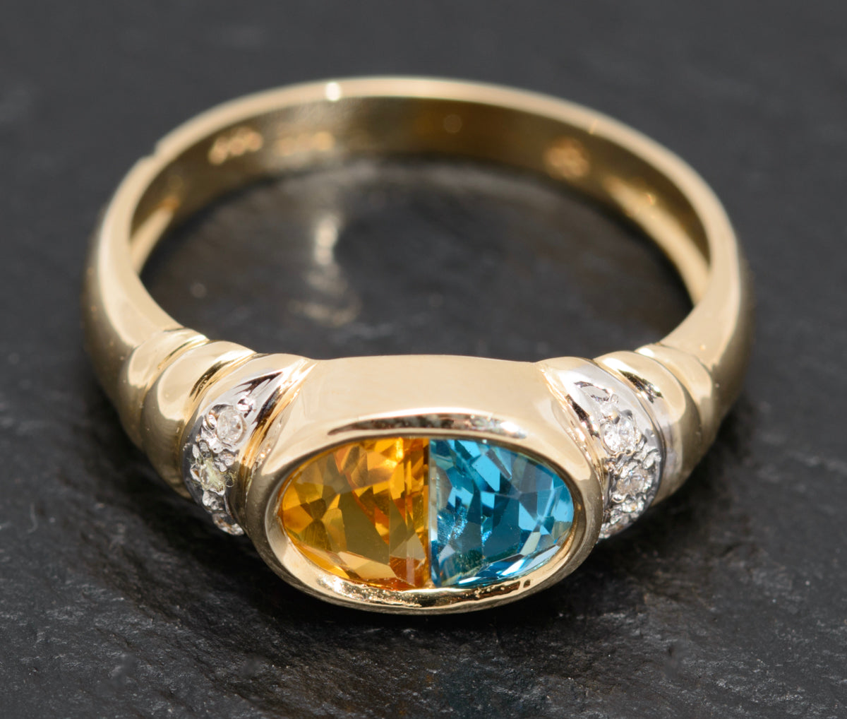 14k Gold Ladies Dress Ring With Blue Topaz & Citrine Gemstone Diamond Highlights (A1624)