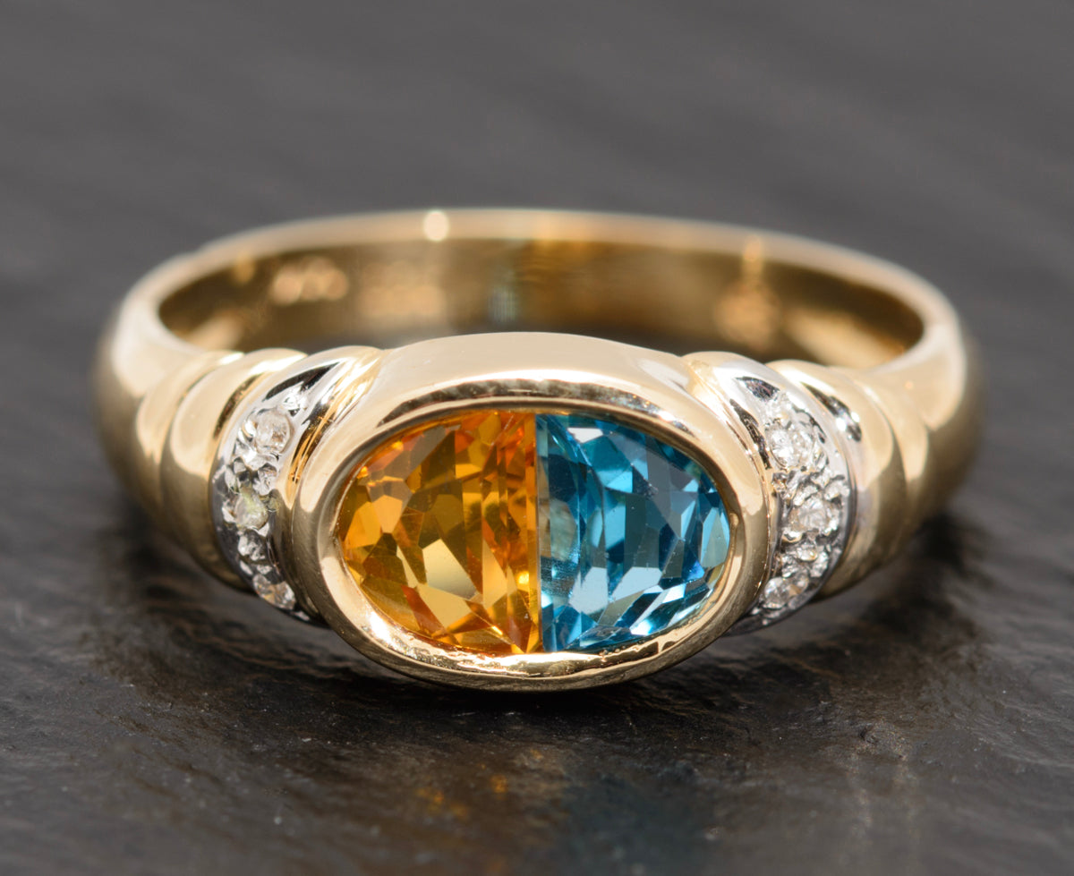 14k Gold Ladies Dress Ring With Blue Topaz & Citrine Gemstone Diamond Highlights (A1624)