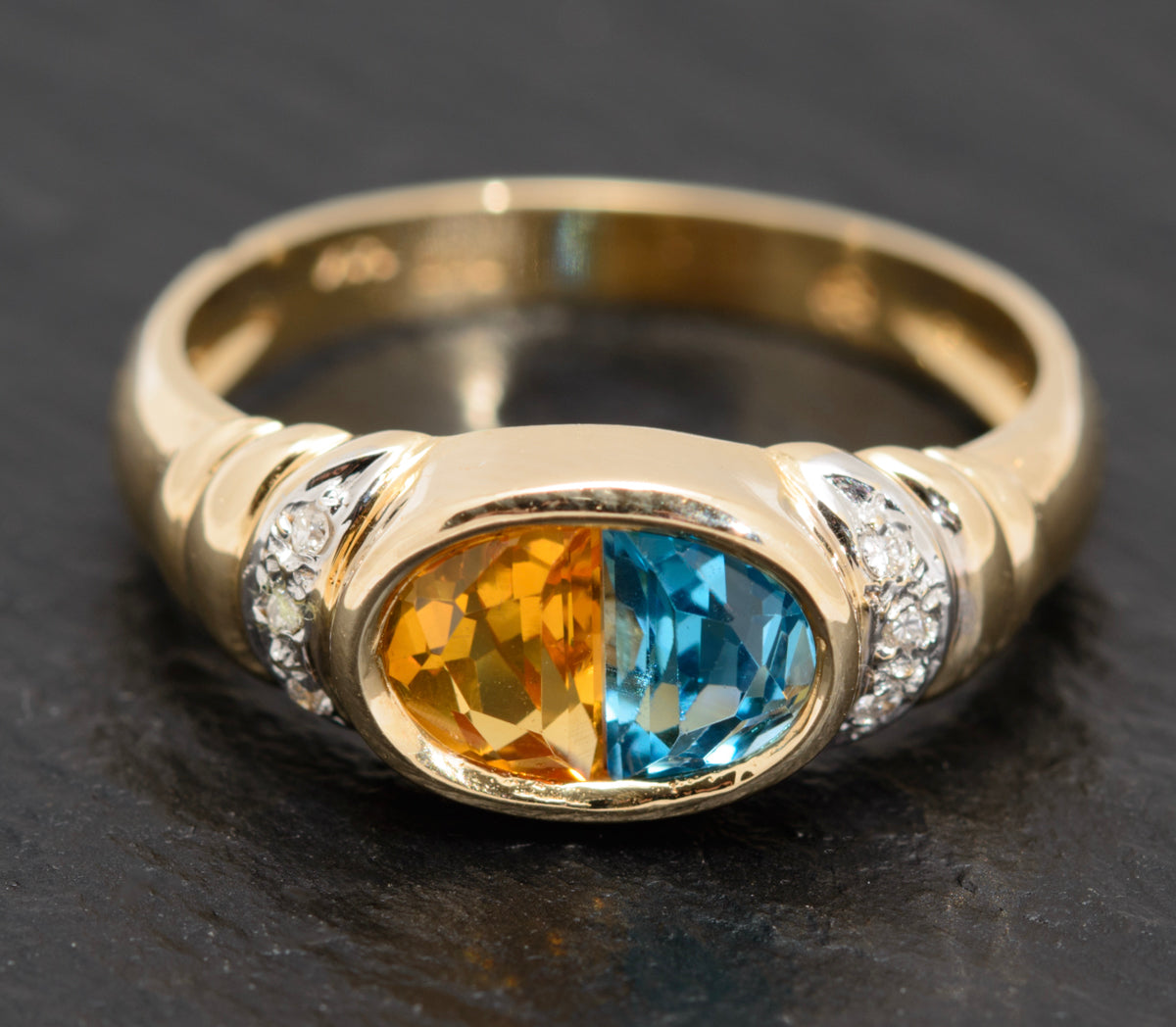 14k Gold Ladies Dress Ring With Blue Topaz & Citrine Gemstone Diamond Highlights (A1624)