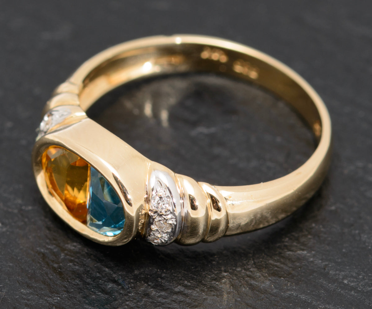 14k Gold Ladies Dress Ring With Blue Topaz & Citrine Gemstone Diamond Highlights (A1624)