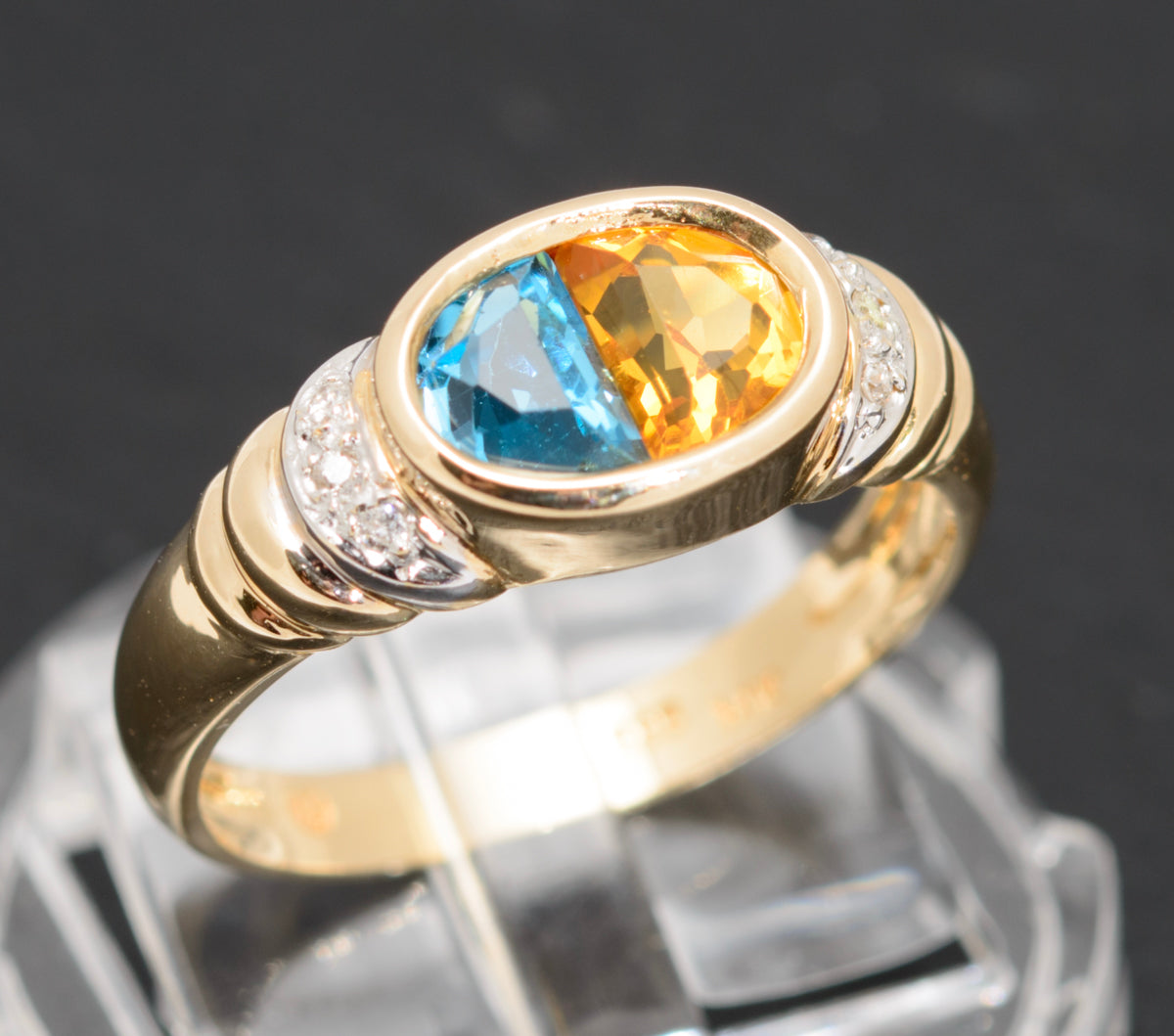 14k Gold Ladies Dress Ring With Blue Topaz & Citrine Gemstone Diamond Highlights (A1624)