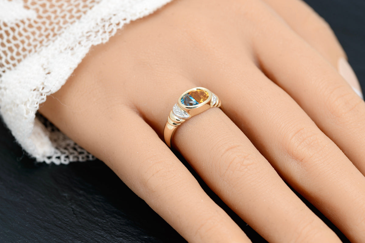 14k Gold Ladies Dress Ring With Blue Topaz & Citrine Gemstone Diamond Highlights (A1624)