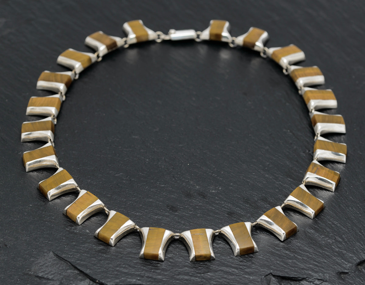 Vintage Mexican Sterling Silver & Tigers Eye Panels Necklace c.1980  (A1628)