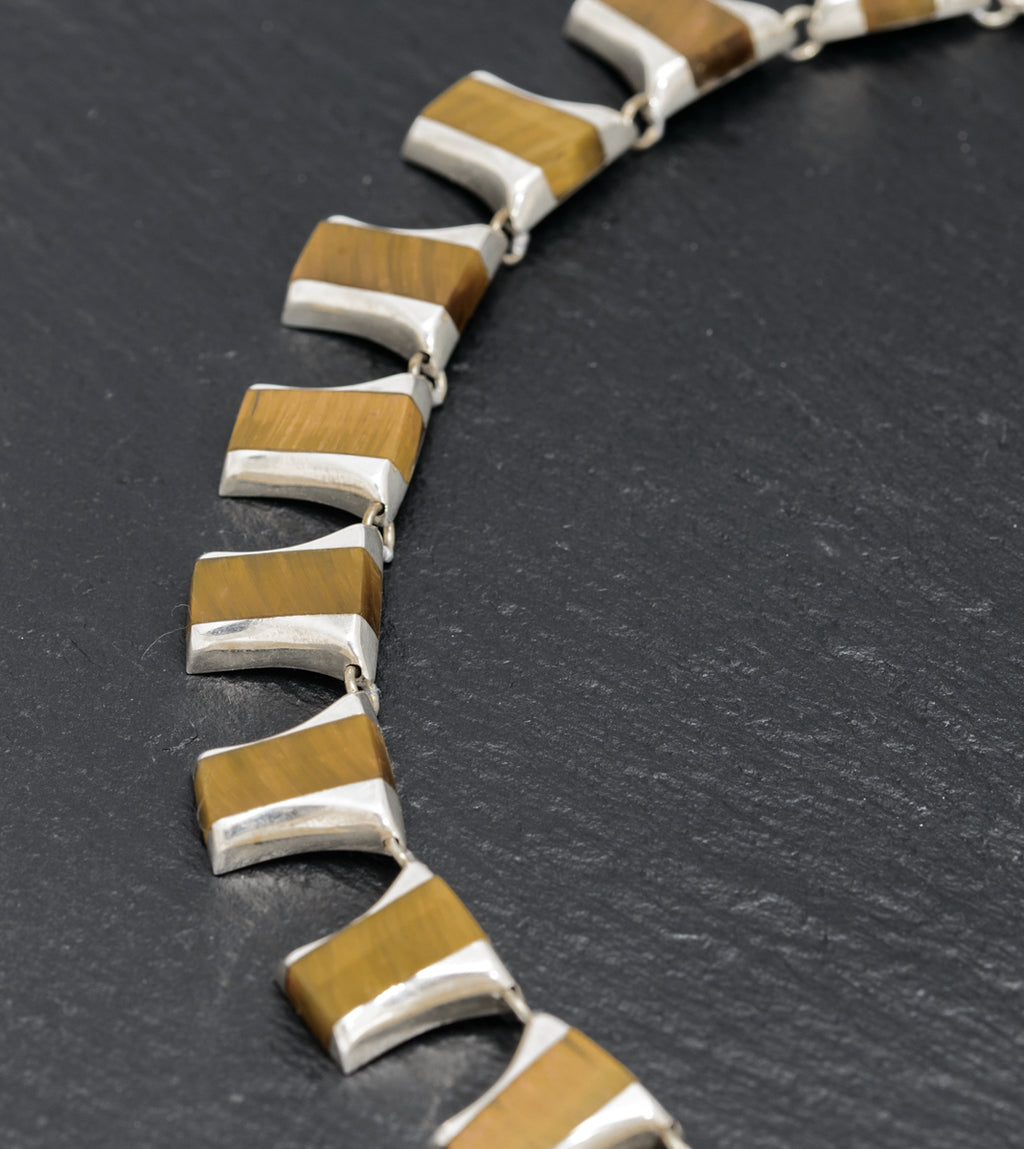 Vintage Mexican Sterling Silver & Tigers Eye Panels Necklace c.1980  (A1628)