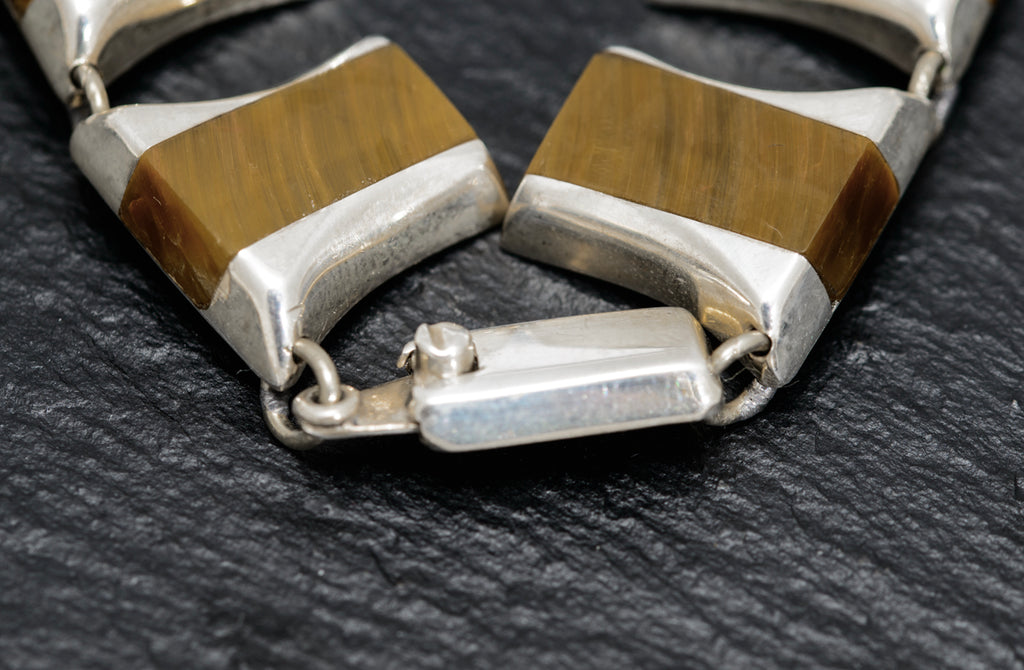 Vintage Mexican Sterling Silver & Tigers Eye Panels Necklace c.1980  (A1628)