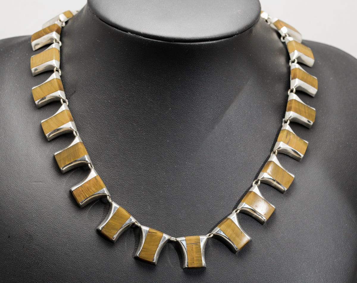 Vintage Mexican Sterling Silver & Tigers Eye Panels Necklace c.1980  (A1628)