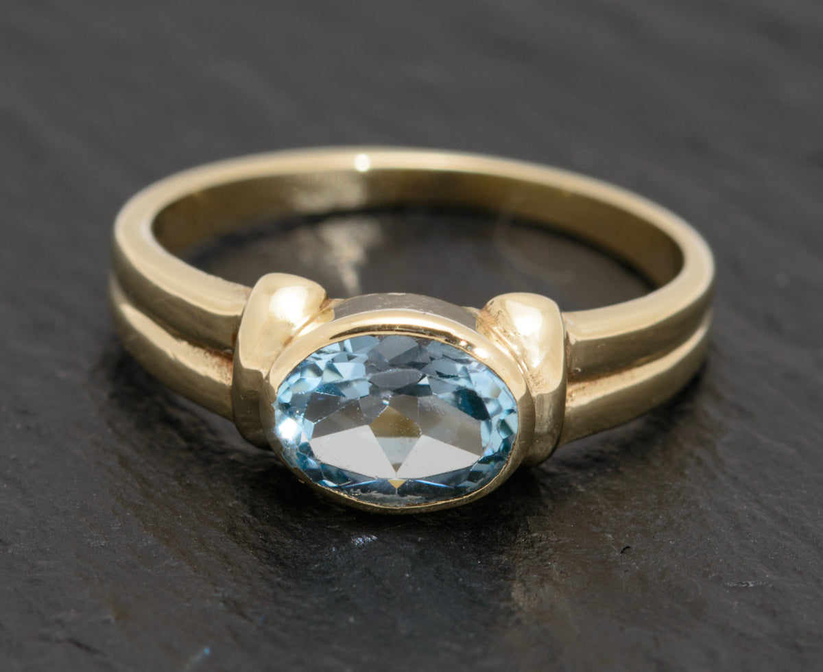 9ct Gold Ring With Natural Blue Topaz Gemstone Oval Facet Cut Design (A1631)