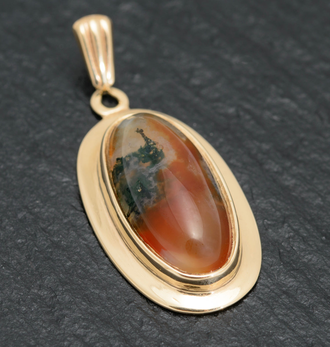 Vintage 9ct Gold Pendant With Moss Agate Polished Cabochon Hallmarked 1971 (A1634)