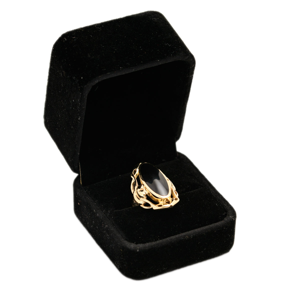 Whitby Jet 9ct Gold Chunky Stylish Gothic Ring by C W Sellors UK Size L - Boxed (A1649)