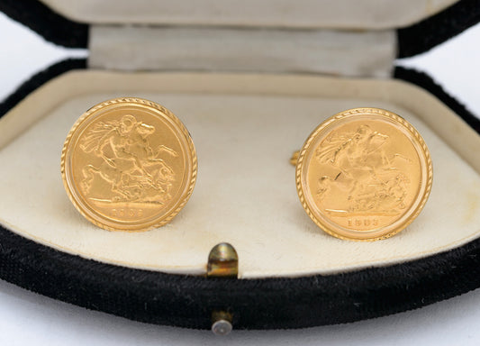 Pair Vintage 9ct Gold Cufflinks With Antique 22ct Half Sovereign Coins (A1650)