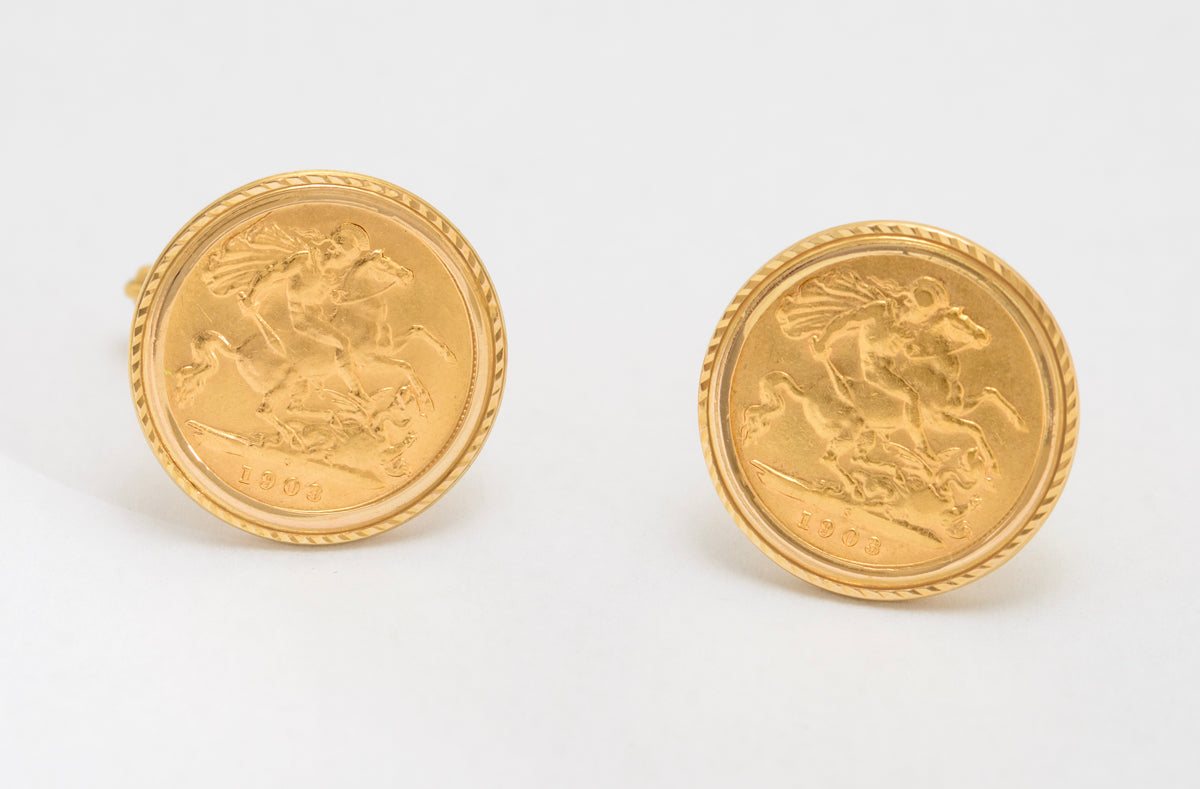 Pair Vintage 9ct Gold Cufflinks With Antique 22ct Half Sovereign Coins (A1650)