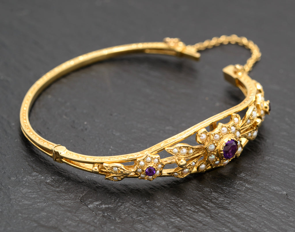 Vintage 9ct Gold Seed Pearl & Amethyst Belle Epoque Design Bangle/Bracelet In Presentation Box(A1651)