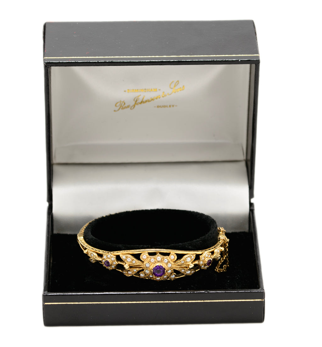 Vintage 9ct Gold Seed Pearl & Amethyst Belle Epoque Design Bangle/Bracelet In Presentation Box(A1651)