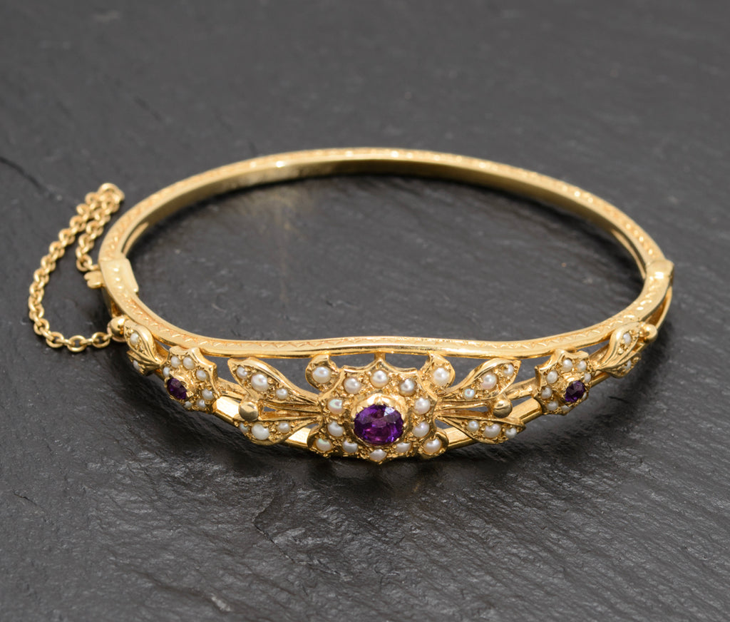 Vintage 9ct Gold Seed Pearl & Amethyst Belle Epoque Design Bangle/Bracelet In Presentation Box(A1651)