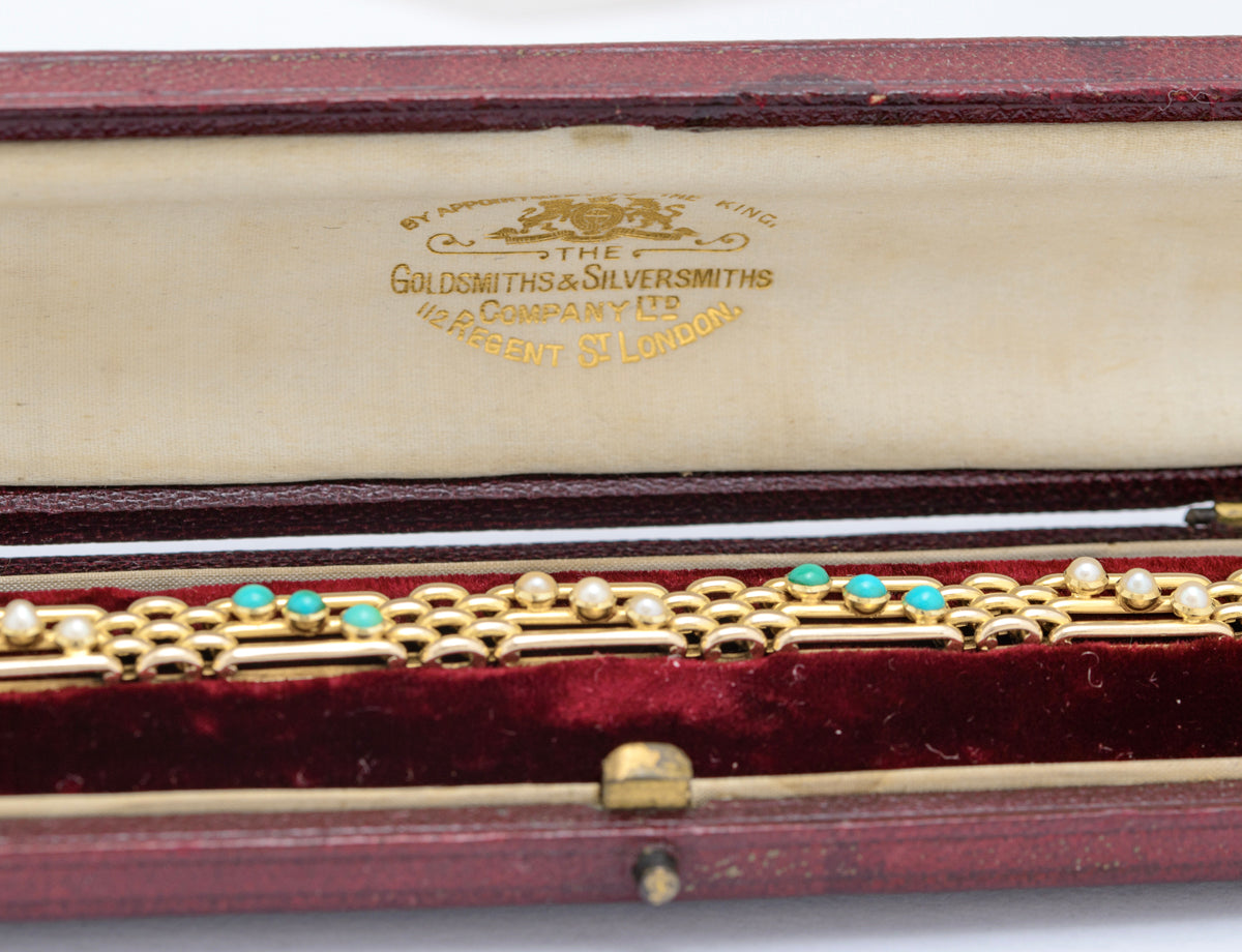 Vintage 14ct Gold Seed Pearl & Turquoise Bracelet In Goldsmiths Box Early 20th C (A1652)