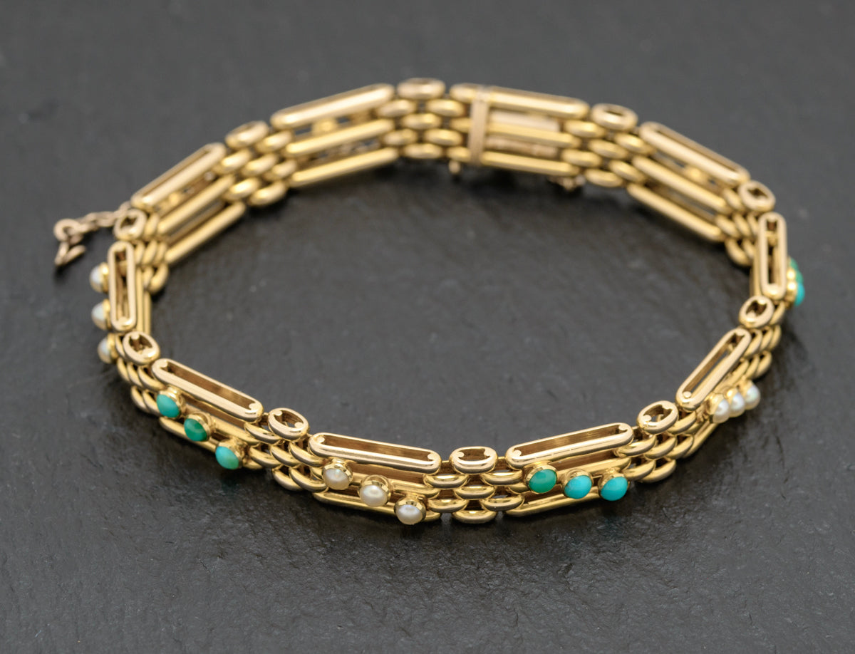 Vintage 14ct Gold Seed Pearl & Turquoise Bracelet In Goldsmiths Box Early 20th C (A1652)