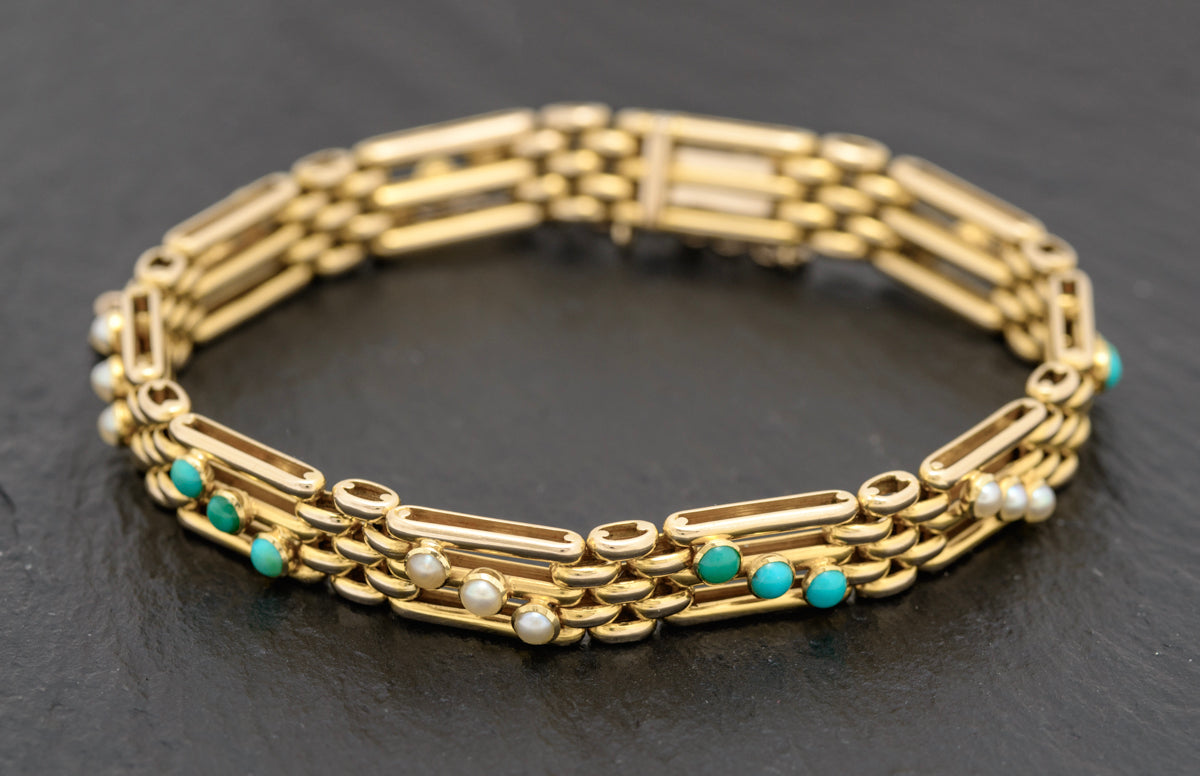 Vintage 14ct Gold Seed Pearl & Turquoise Bracelet In Goldsmiths Box Early 20th C (A1652)