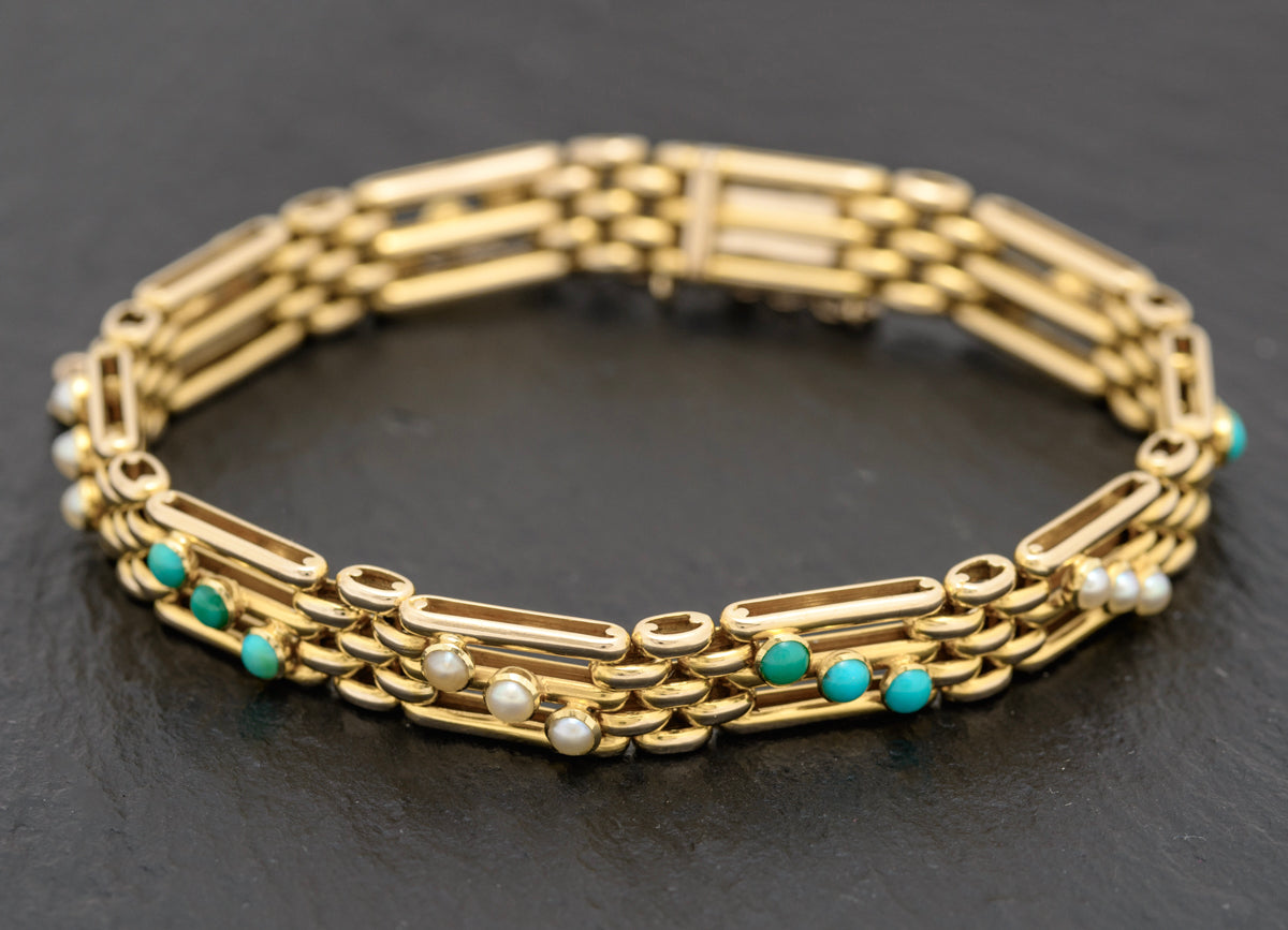 Vintage 14ct Gold Seed Pearl & Turquoise Bracelet In Goldsmiths Box Early 20th C (A1652)