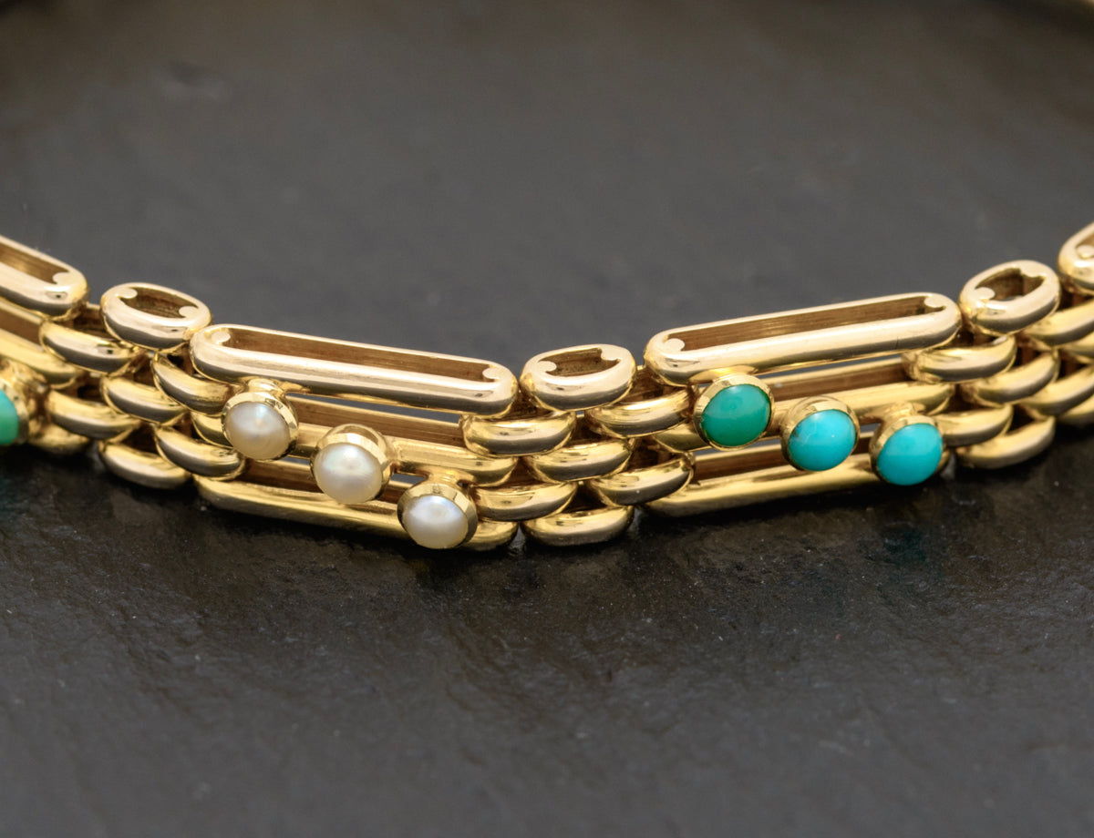 Vintage 14ct Gold Seed Pearl & Turquoise Bracelet In Goldsmiths Box Early 20th C (A1652)