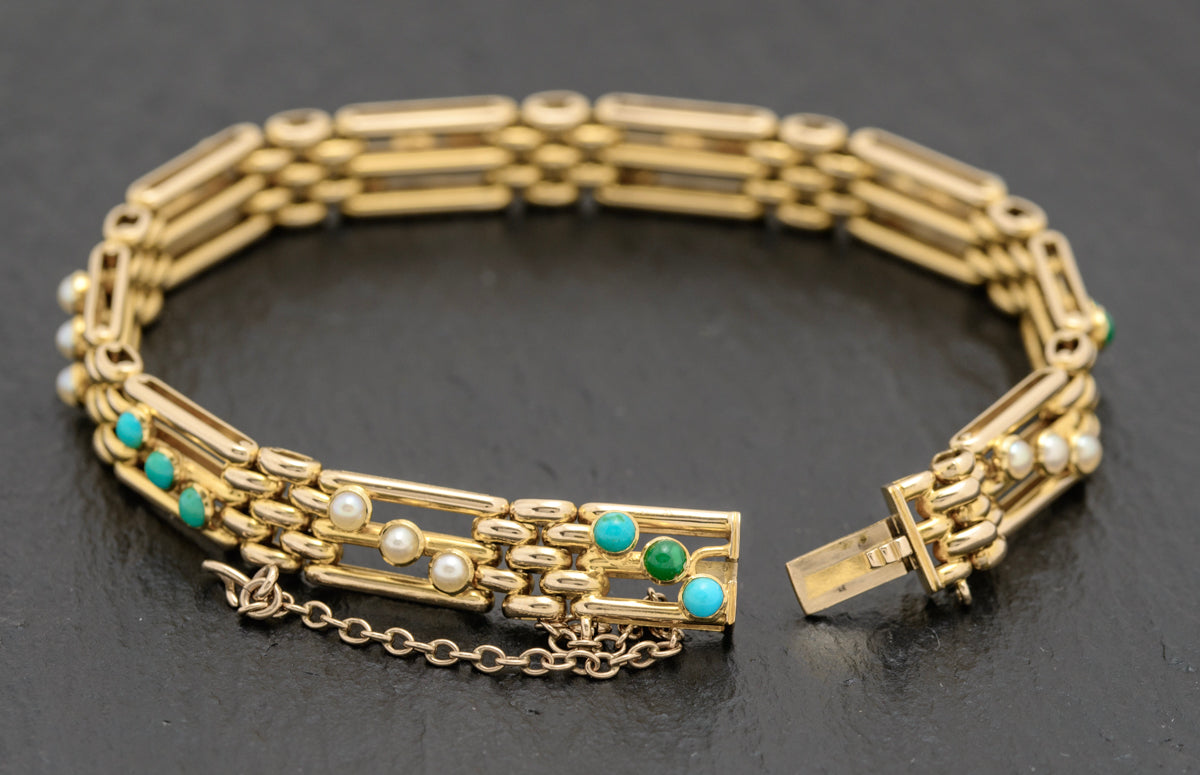 Vintage 14ct Gold Seed Pearl & Turquoise Bracelet In Goldsmiths Box Early 20th C (A1652)