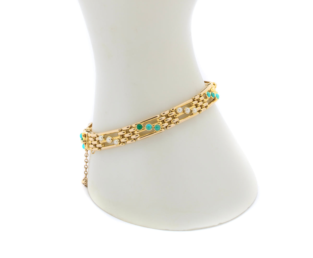 Vintage 14ct Gold Seed Pearl & Turquoise Bracelet In Goldsmiths Box Early 20th C (A1652)