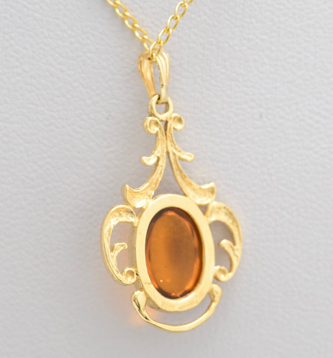Vintage 9ct Gold & Amber Cabochon Necklace & Pendant 51cm Trace Chain (A1656)