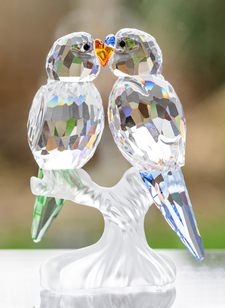 Swarovski Crystal Budgies On Branch Figure 680627 Feathered Beauties Box & Cert (A1686B)