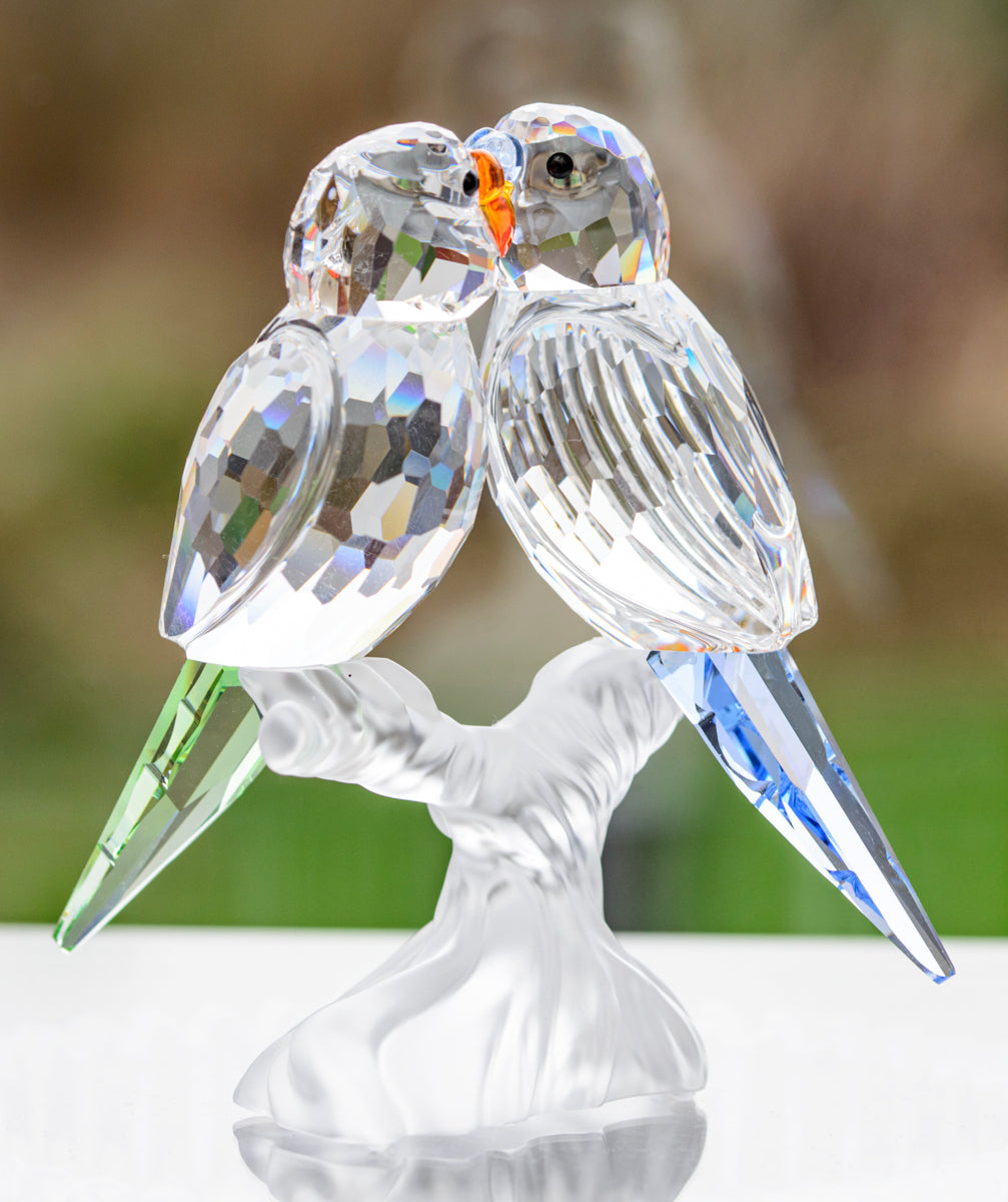 Swarovski Crystal Budgies On Branch Figure 680627 Feathered Beauties Box & Cert (A1686B)