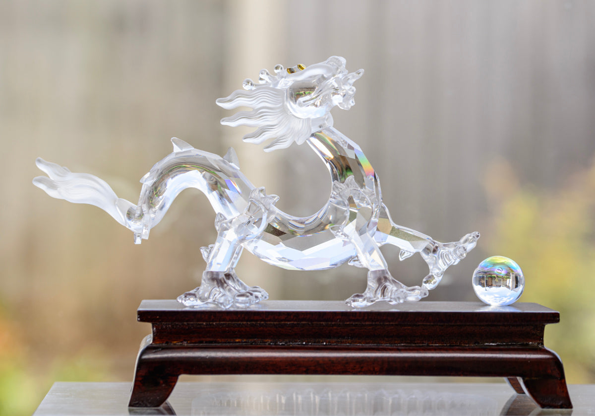 Swarovski Crystal Zodiacs Dragon Figure & Crystal Ball On Wooden Stand 238202 (A1708W)