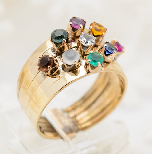 Vintage 14K Gold Harem Ring Multi Gemstone Set Five Band Stack Including Ruby Sapphire & Blue Topaz (A1735)