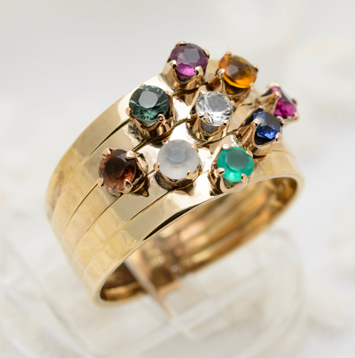 Vintage 14K Gold Harem Ring Multi Gemstone Set Five Band Stack Including Ruby Sapphire & Blue Topaz (A1735)