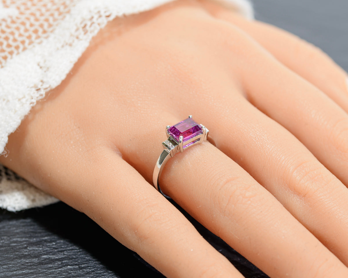 10K White Gold & Emerald Cut Pink Sapphire Ring With Diamond Accents UK Size O (A1738)
