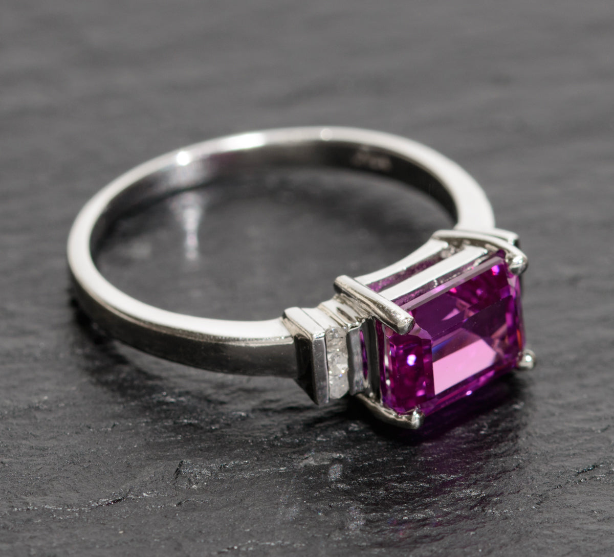 10K White Gold & Emerald Cut Pink Sapphire Ring With Diamond Accents UK Size O (A1738)