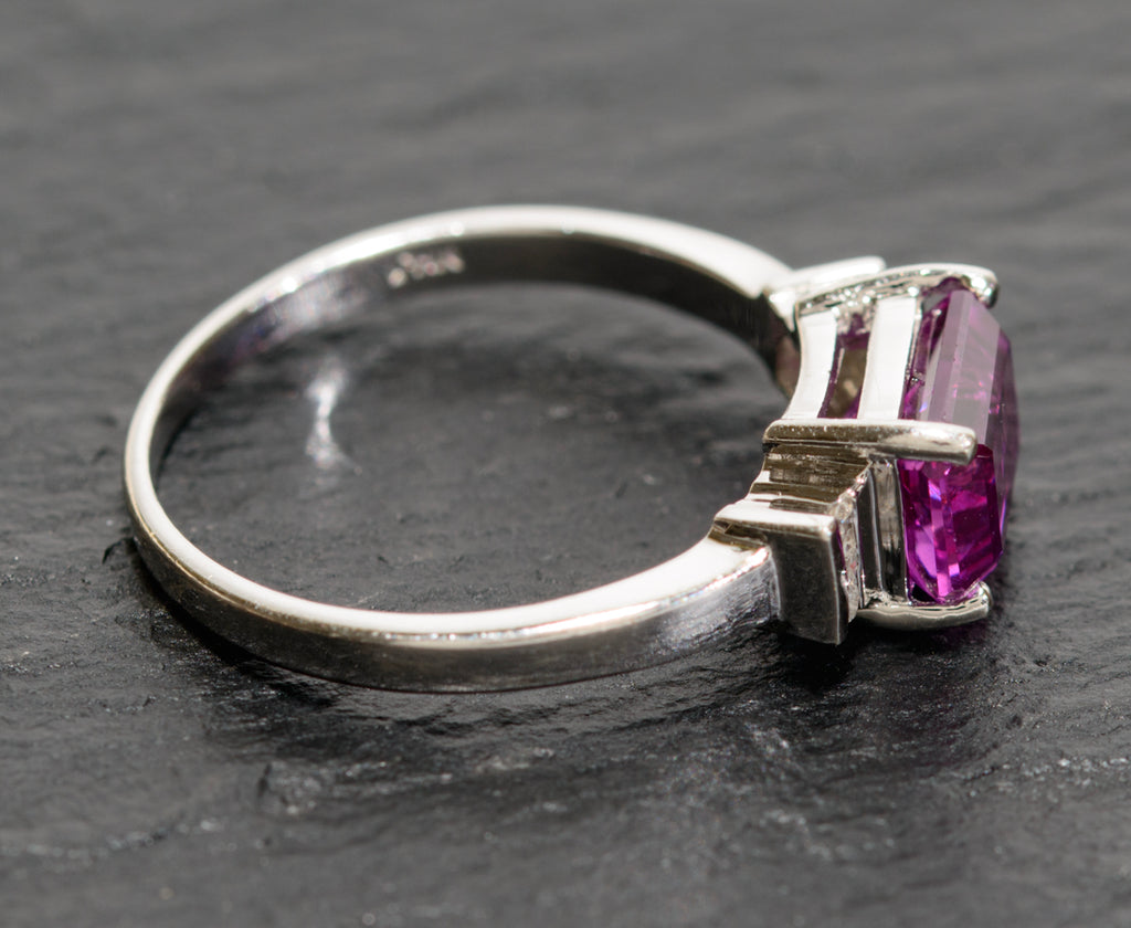 10K White Gold & Emerald Cut Pink Sapphire Ring With Diamond Accents UK Size O (A1738)