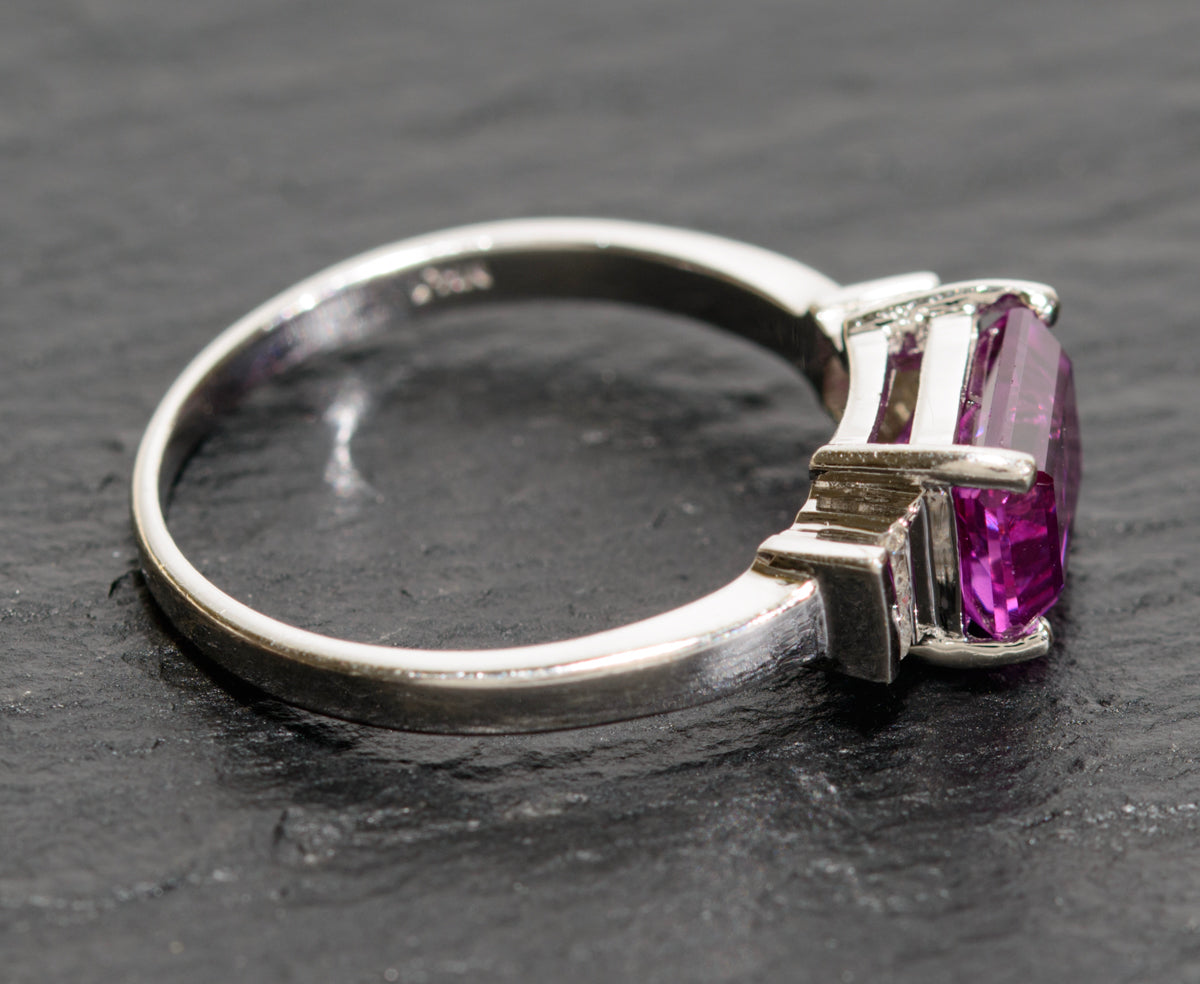 10K White Gold & Emerald Cut Pink Sapphire Ring With Diamond Accents UK Size O (A1738)
