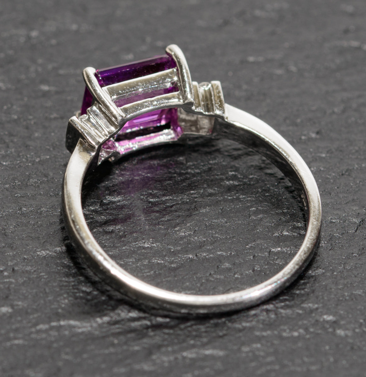 10K White Gold & Emerald Cut Pink Sapphire Ring With Diamond Accents UK Size O (A1738)
