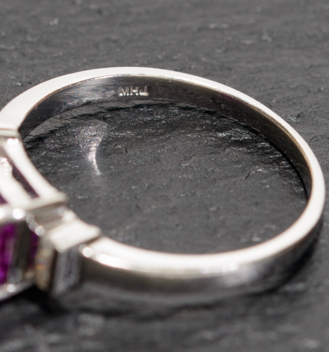 10K White Gold & Emerald Cut Pink Sapphire Ring With Diamond Accents UK Size O (A1738)