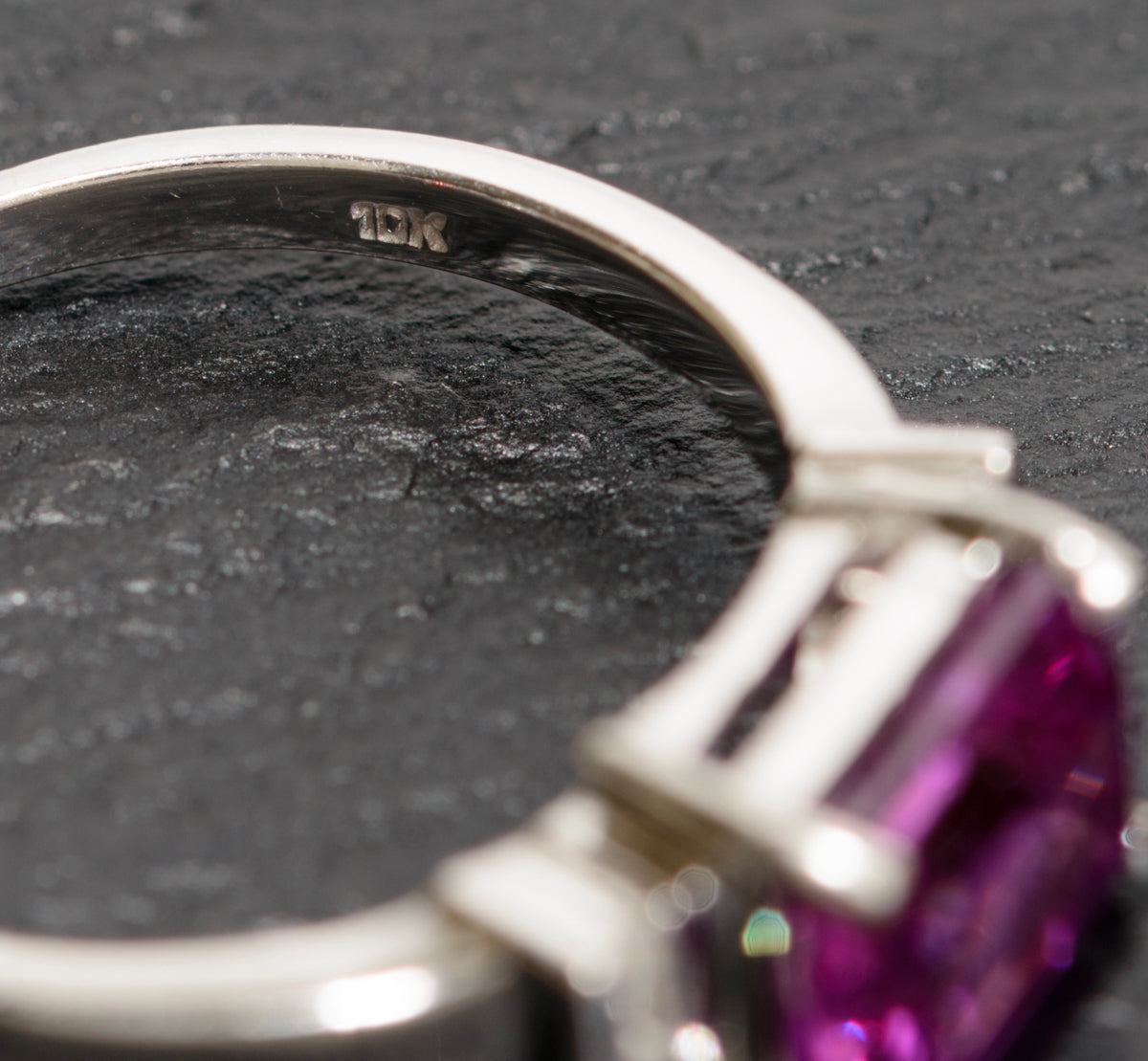 10K White Gold & Emerald Cut Pink Sapphire Ring With Diamond Accents UK Size O (A1738)