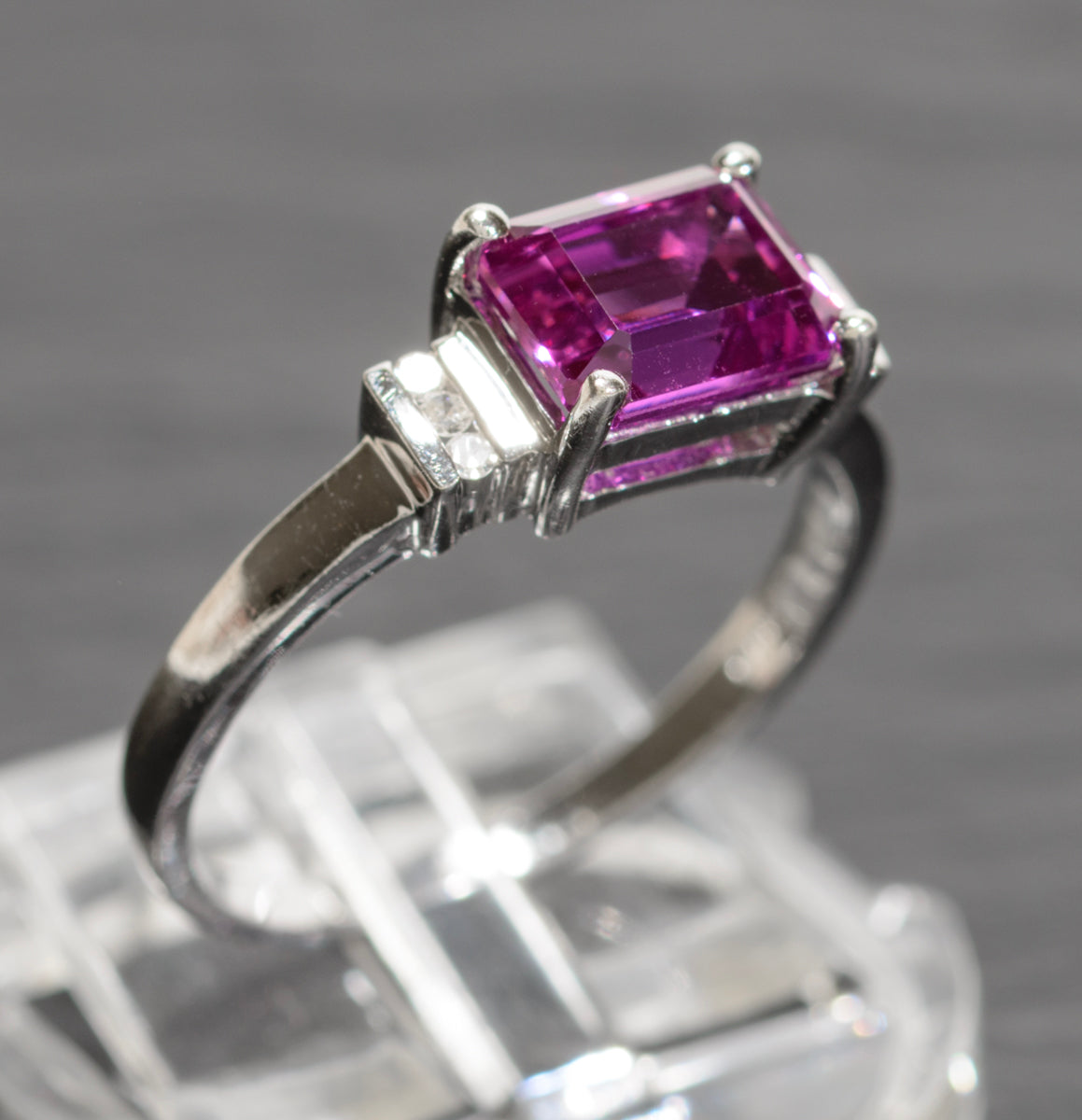 10K White Gold Emerald Cut Pink Sapphire Ring With Diamond Accents UK Size O (A1738)