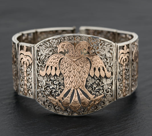 Vintage Indian .800 Silver & 18ct Rose Gold Panel Bracelet Gandaberunda Bird (A1742)