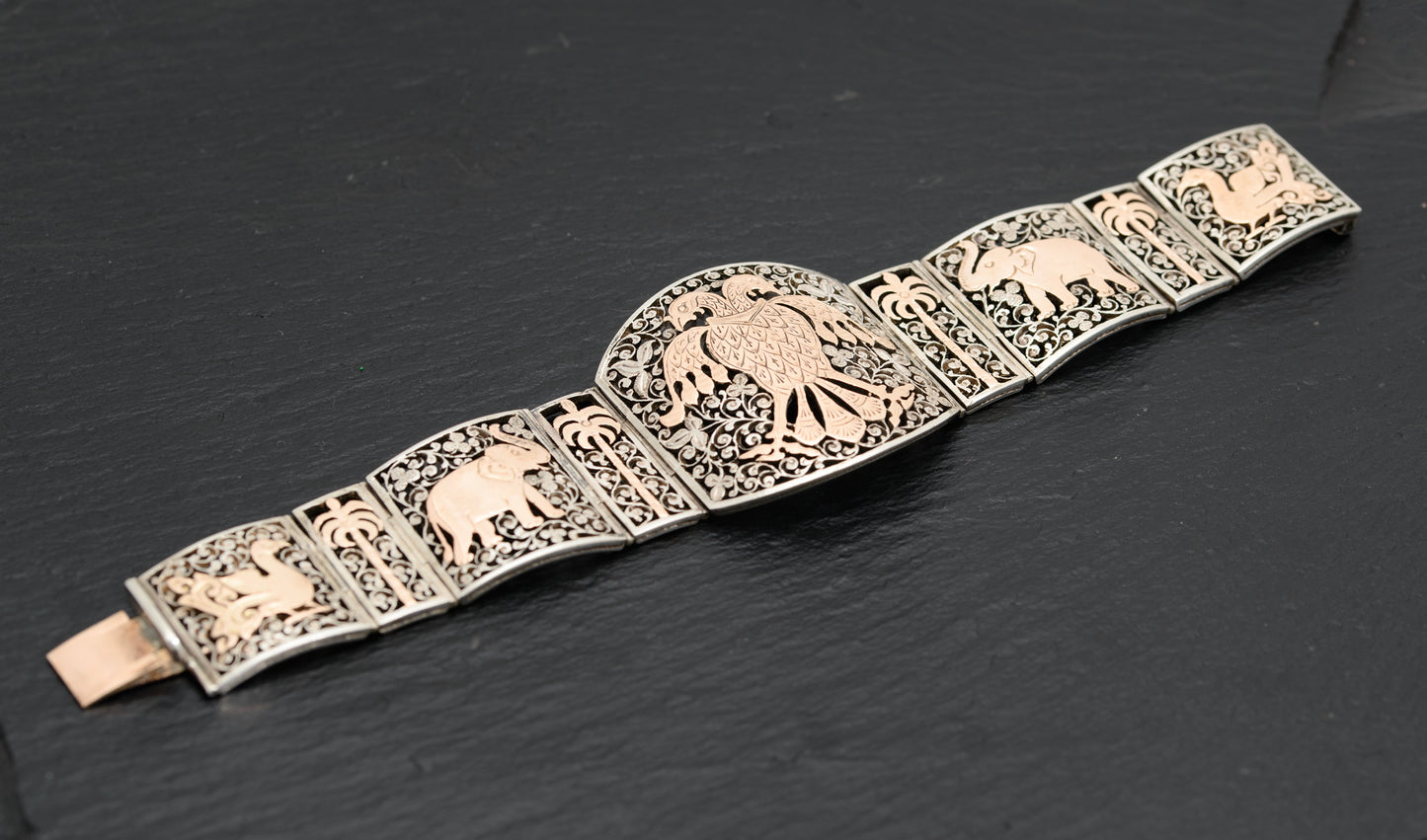 Vintage Indian .800 Silver & 18ct Rose Gold Panel Bracelet Gandaberunda Bird (A1742)
