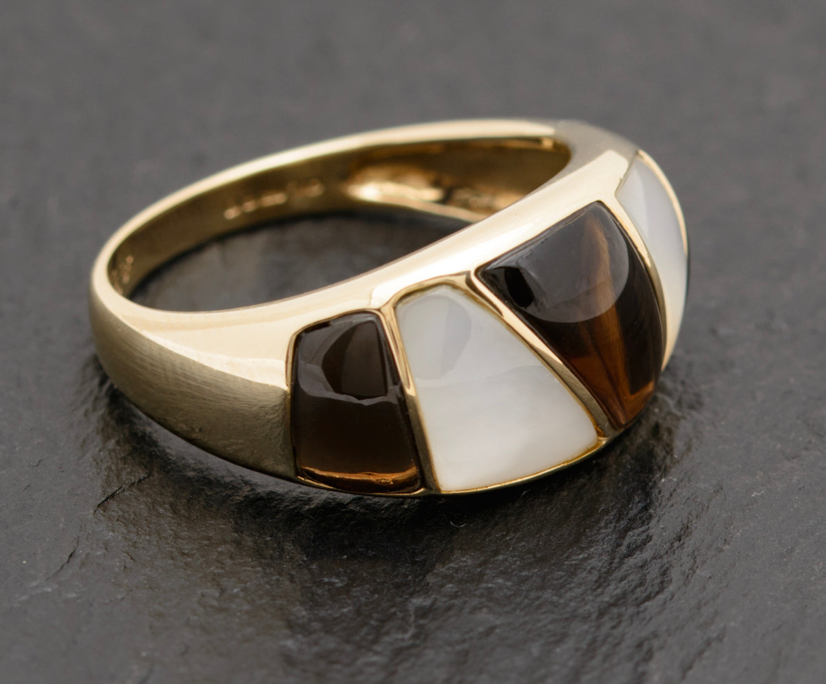 Stylish 9ct Gold Smoky Quartz & Mother of Pearl Bombe Dress Ring (A1743)