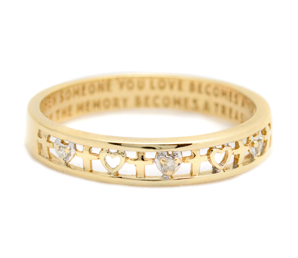 9ct Gold Love Token/Memory Motto Ring With Diamonds & Hearts UK Size S (A1747)